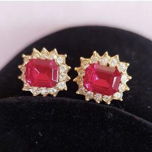 ROMAN Red Faceted Glass And CZ Pierced Earrings